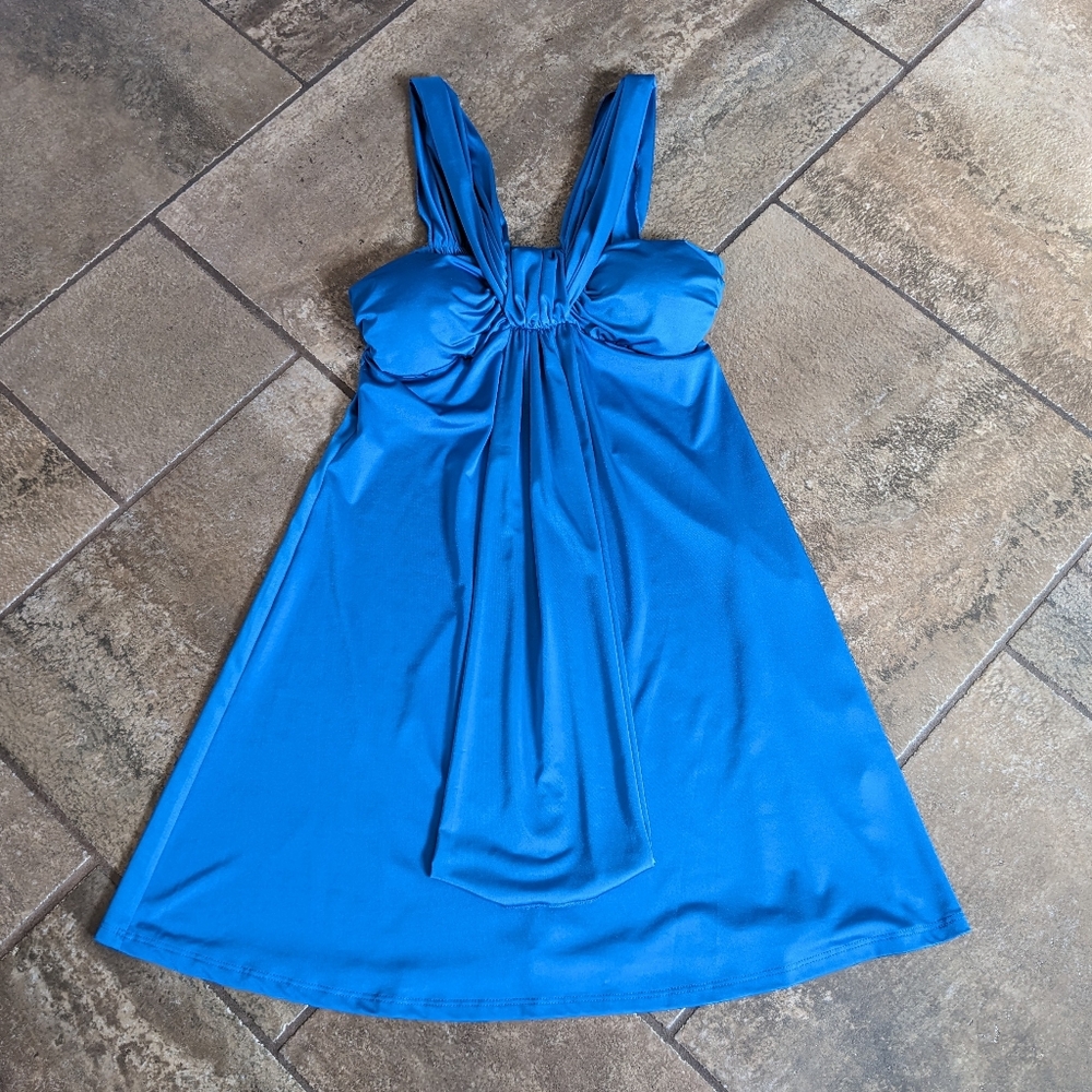 Jewel Toned Evening Y2K Chic Mini Silky Party Wedding Holiday Dress Size S Blue